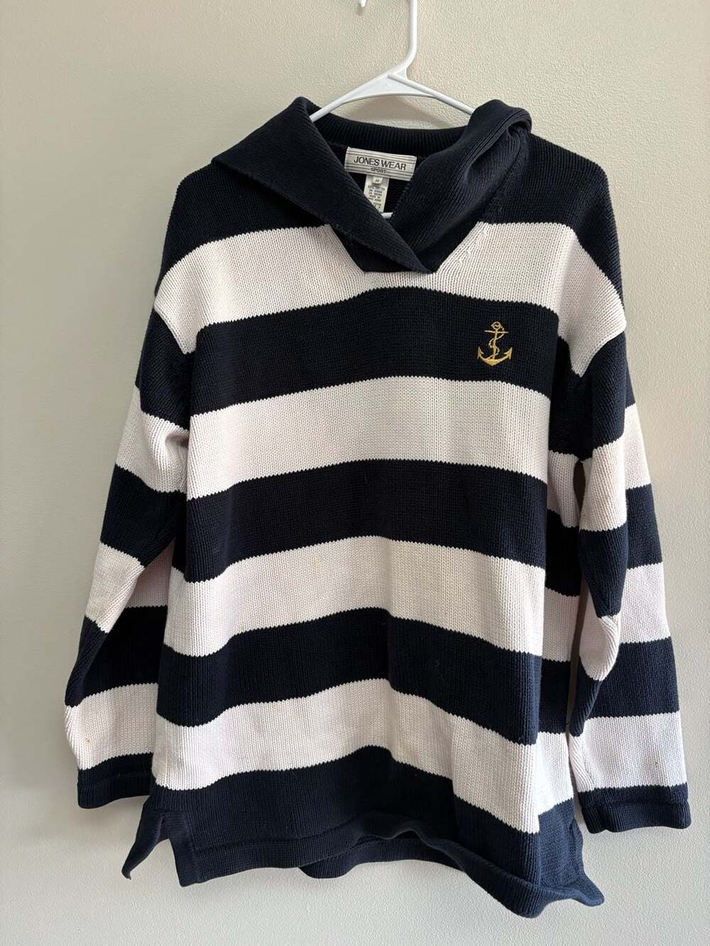 Jones Wear Sport Vintage Striped Nautical Anchor Knit Hooded Sweater Size Medium